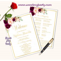 Burgundy Wedding program fan,Burgundy Wedding itinerary,(61c)